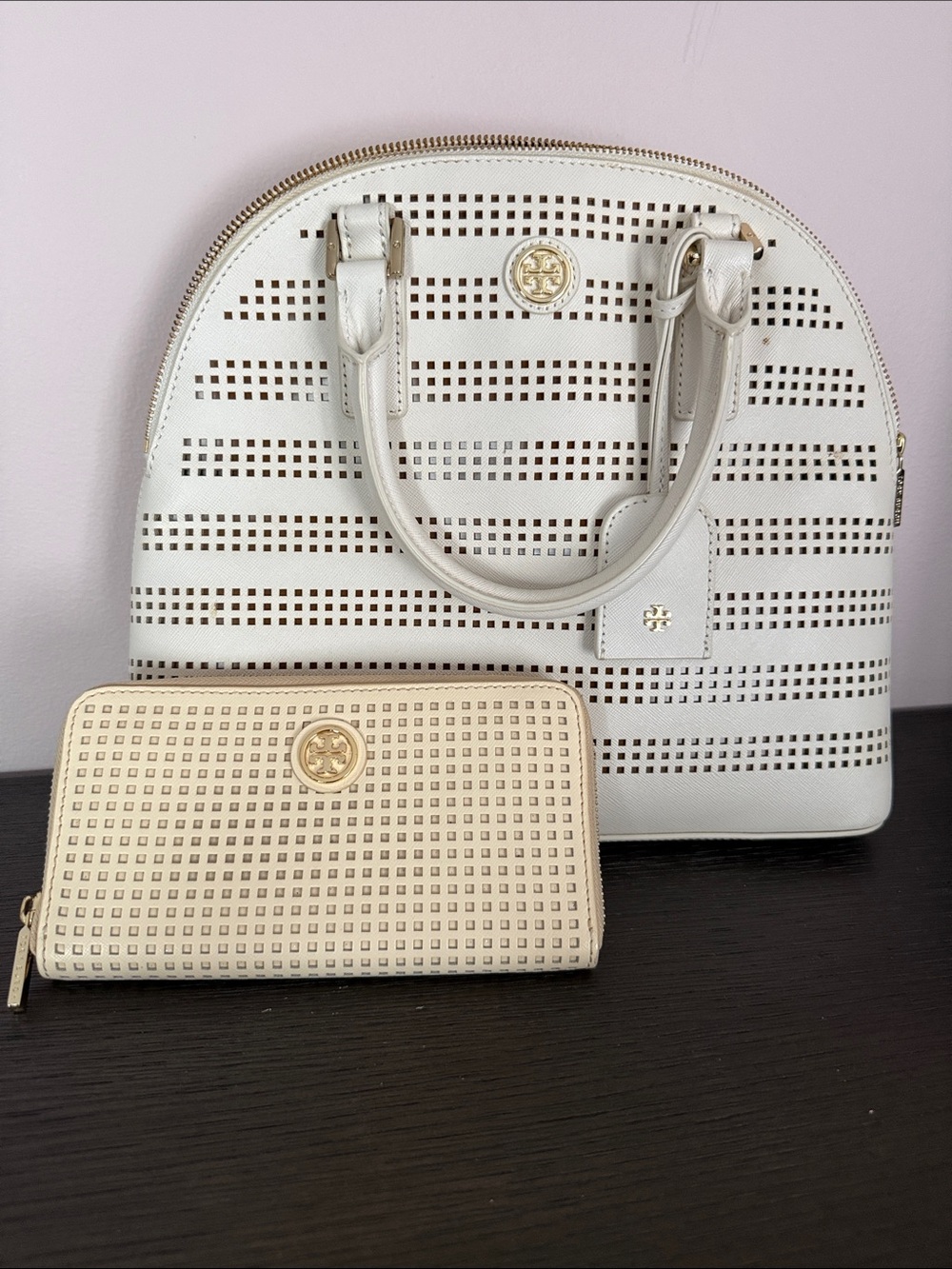 Tory Burch Cream Perforated Dome Satchel with Matching Wallet